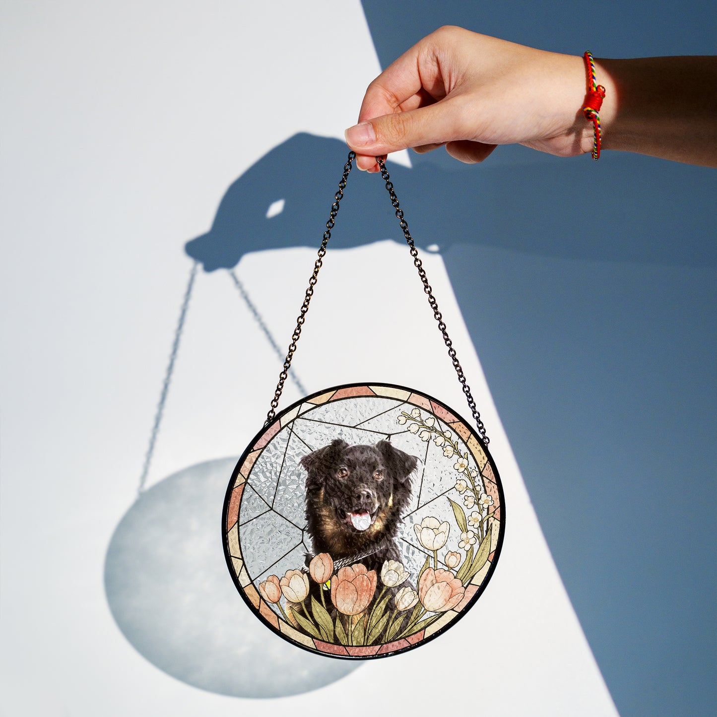 Custom Pet Glass Suncatcher – Personalized Dog Portrait with Yellow Lilies and Daisies – Stained Glass Style Window Hanging Gift (Sun-104)