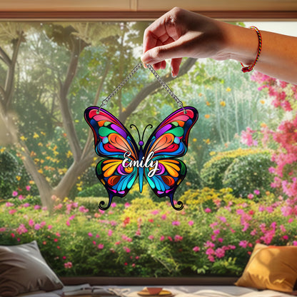 Personalized Butterfly Glass Suncatcher – Custom Name Window Hanging – Stained Glass Style Memorial or Gift for Her (Sun-91)