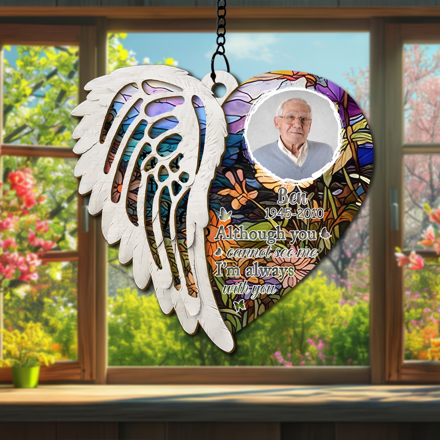 Custom Photo Glass Suncatcher with Angel Wings – A Beautiful Window Hanging to Remember a Loved One Taken Too Soon (H-Sun-18)
