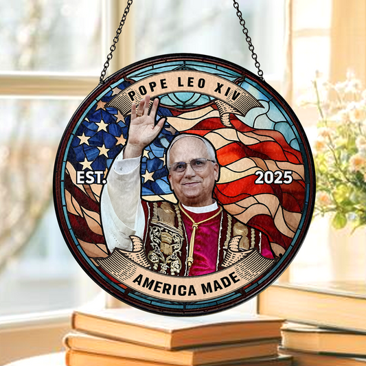Catholic Pope Leo XIV Glass Suncatcher – Religious Stained Glass Style Hanging – Spiritual Home or Church Decor (Sun-103)