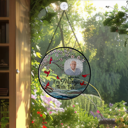 Personalized Glass Suncatcher for Windows – Memorial Cardinal Ornament with Name, Dates & Photo (Sun-95)