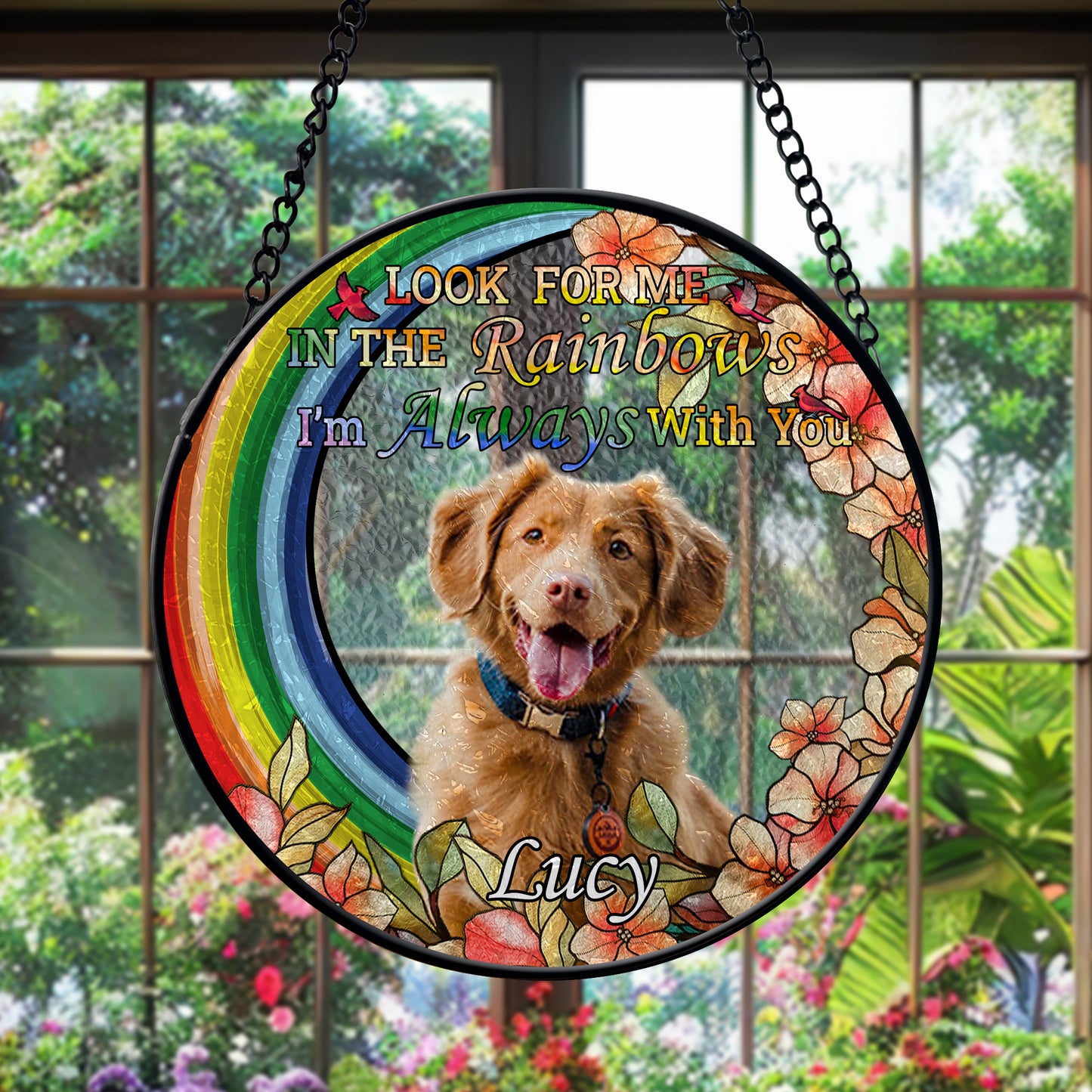 Personalized Rainbow Bridge Pet Memorial Glass Suncatcher – Custom Photo Keepsake for Loss of Dog or Cat (Sun-93)
