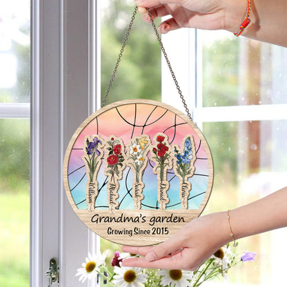 Personalized Grandma’s Garden Hanging Suncatcher, Custom Birth Flower & Name Sign, Gift for Nana (Sun-80)