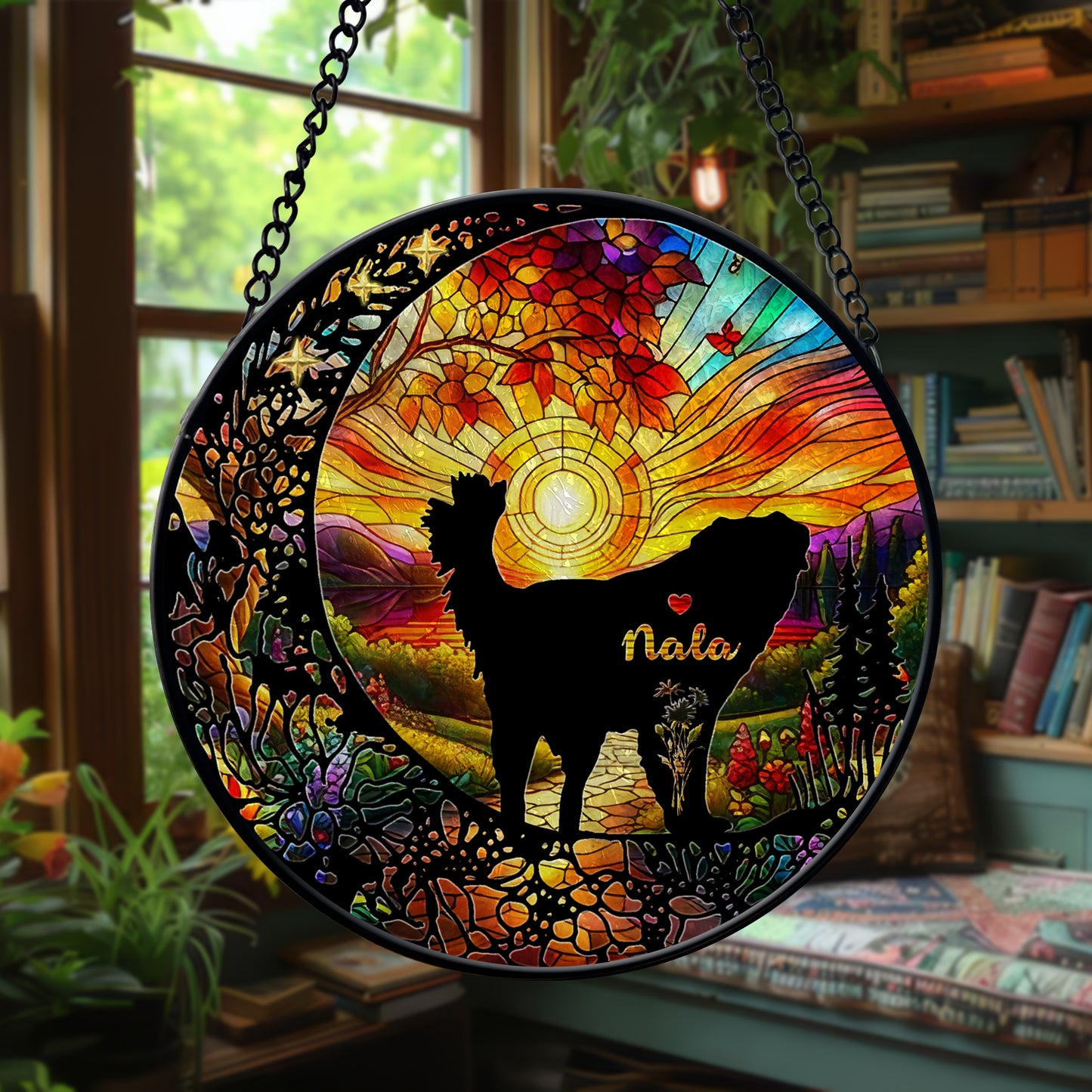 Handmade Personalized Dog Glass Suncatcher – Pet Face & Name Ornament, Stained Glass Style Gift for Dog Mom or Pet Loss Keepsake (Sun-86)