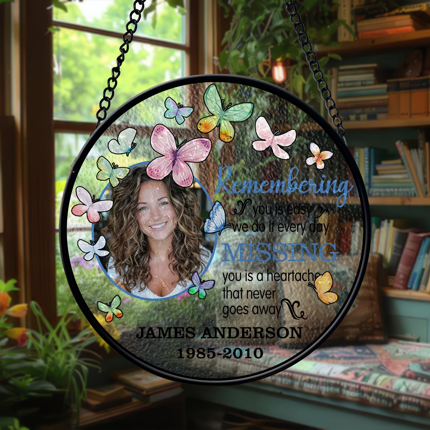 Personalized Memorial Glass Suncatcher with Photo and Butterflies – In Loving Memory Hanging Ornament for Loss of Loved One (Sun-92)