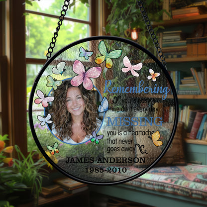 Personalized Memorial Glass Suncatcher with Photo and Butterflies – In Loving Memory Hanging Ornament for Loss of Loved One (Sun-92)