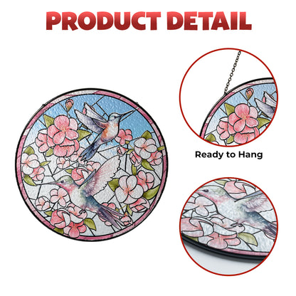 Custom Glass Suncatcher with Hummingbird Couple – A Romantic Window Hanging for Bird and Nature Lovers (Sun-30)
