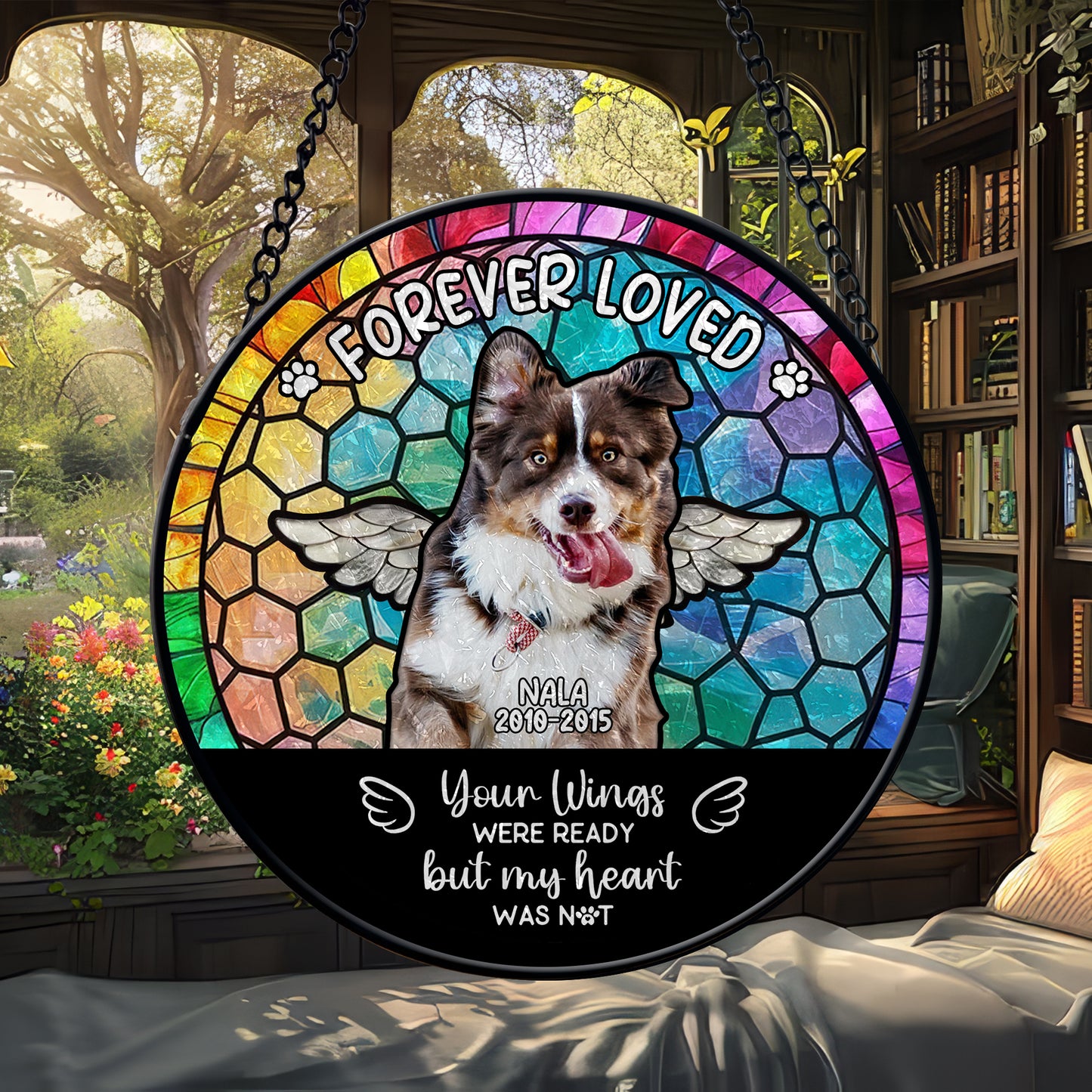Personalized Pet Memorial Glass Suncatcher – Dog Loss Gift with Name and Dates – ‘Your Wings Were Ready’ Rainbow Window Hanging (Sun-89)