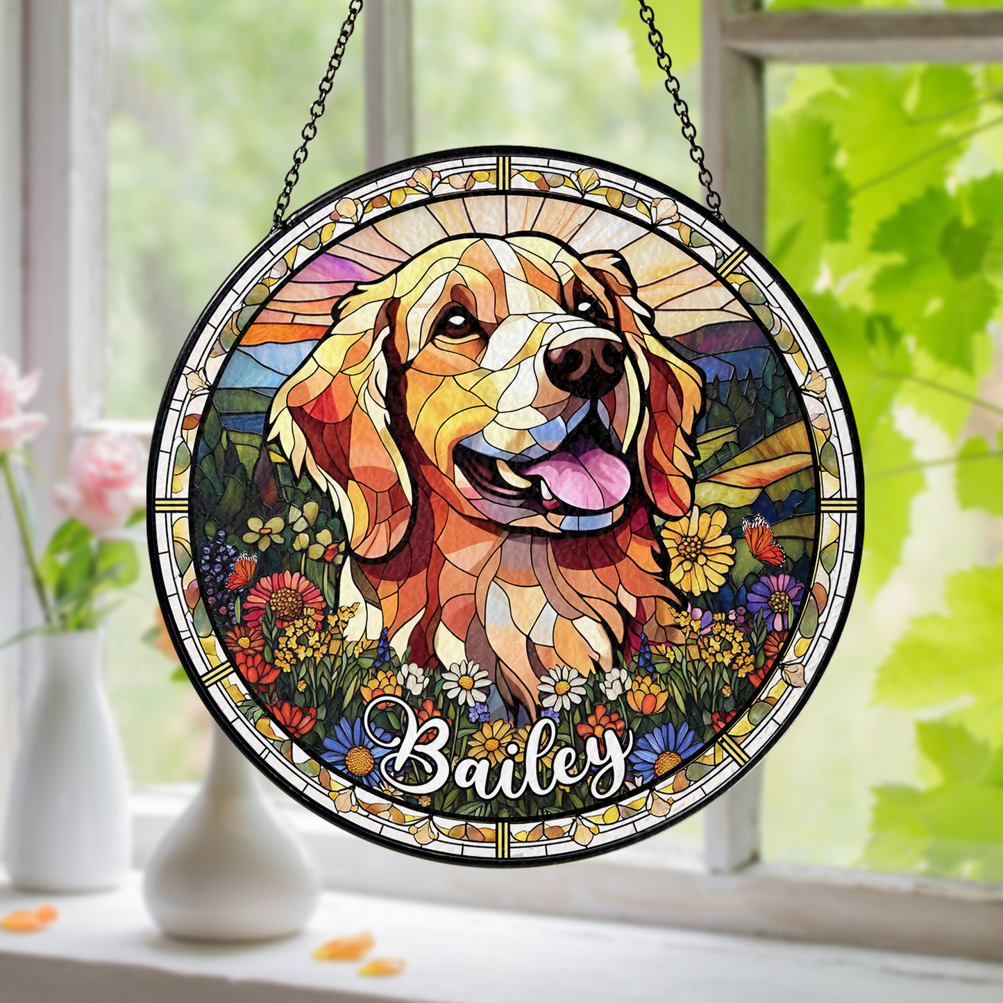 Handmade Glass Suncatcher with Custom Dog Portrait – Pet Loss Tribute and Unique Animal Lover Gift (Sun-47)