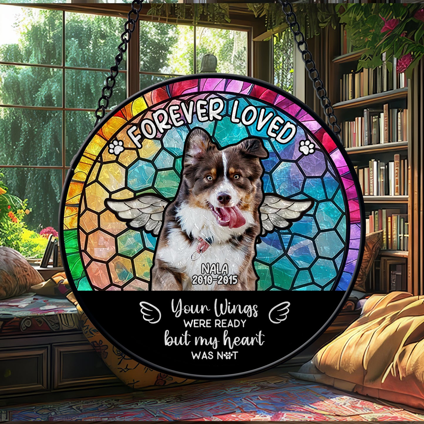 Personalized Pet Memorial Glass Suncatcher – Dog Loss Gift with Name and Dates – ‘Your Wings Were Ready’ Rainbow Window Hanging (Sun-89)