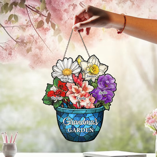 Custom Family Birth Flowers Glass Suncatcher, Personalized Mom’s Garden Gift, Mother’s Day, Stained Glass Art for Grandma’s Garden (H-Sun-08)