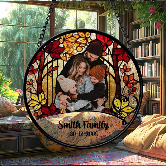 Personalized Family Photo Glass Suncatcher – Custom Stained Glass Window Hanging with Name and Date – Fall Tree Theme Gift for Family (Sun-85)