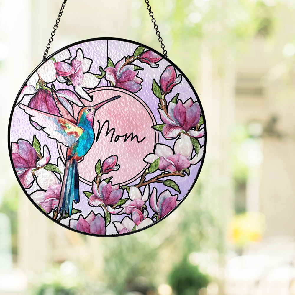 Custom Floral and Hummingbird Stained Glass Suncatcher Gift for Mom (Sun-15)