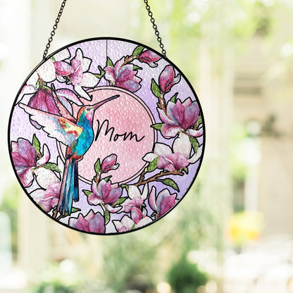 Custom Floral and Hummingbird Stained Glass Suncatcher Gift for Mom (Sun-15)