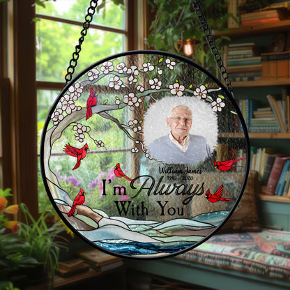 Personalized Glass Suncatcher for Windows – Memorial Cardinal Ornament with Name, Dates & Photo (Sun-95)
