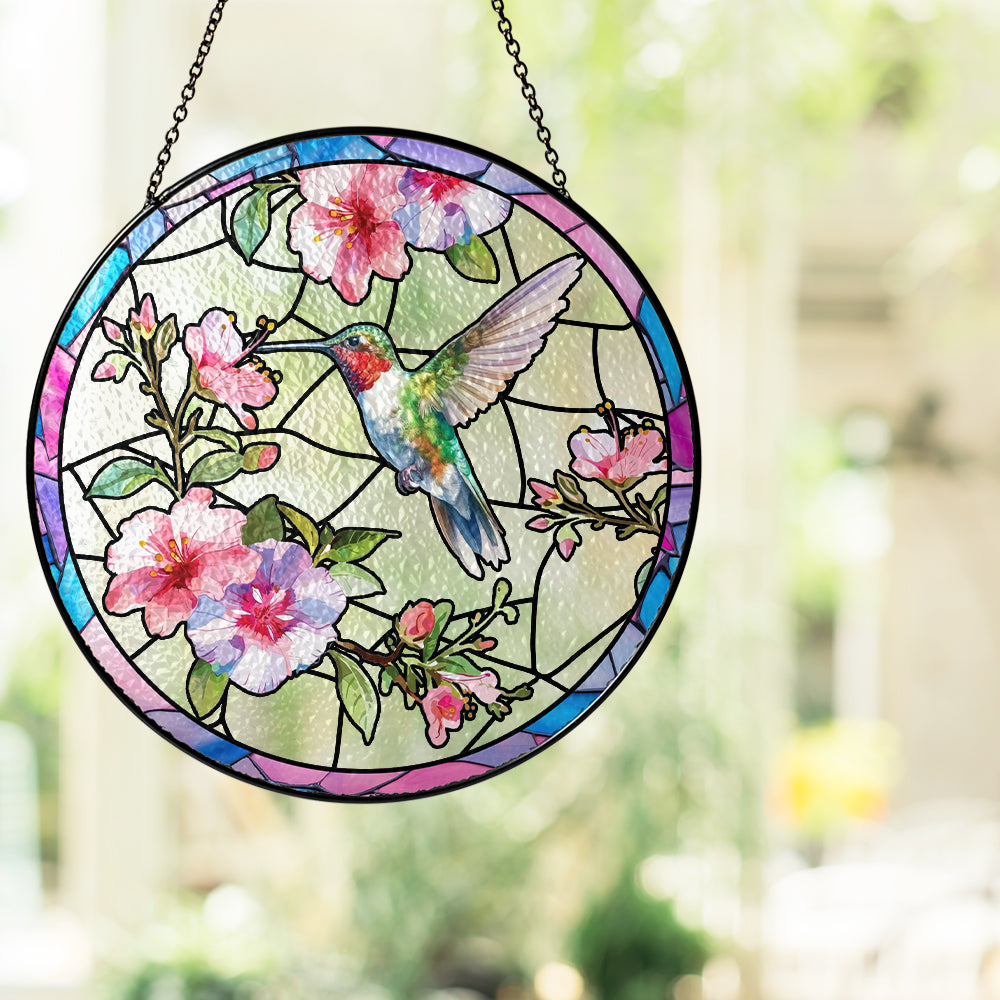 Custom Floral and Hummingbird Stained Glass Suncatcher for Window (Sun-14)