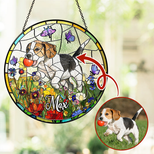 Personalized Stained Glass Suncatcher with Pet Photo and Name – A Memorial Window Ornament for Dog or Cat Loss, Thoughtful Gift for Pet Lovers (Sun-28)