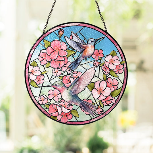 Custom Glass Suncatcher with Hummingbird Couple – A Romantic Window Hanging for Bird and Nature Lovers (Sun-30)