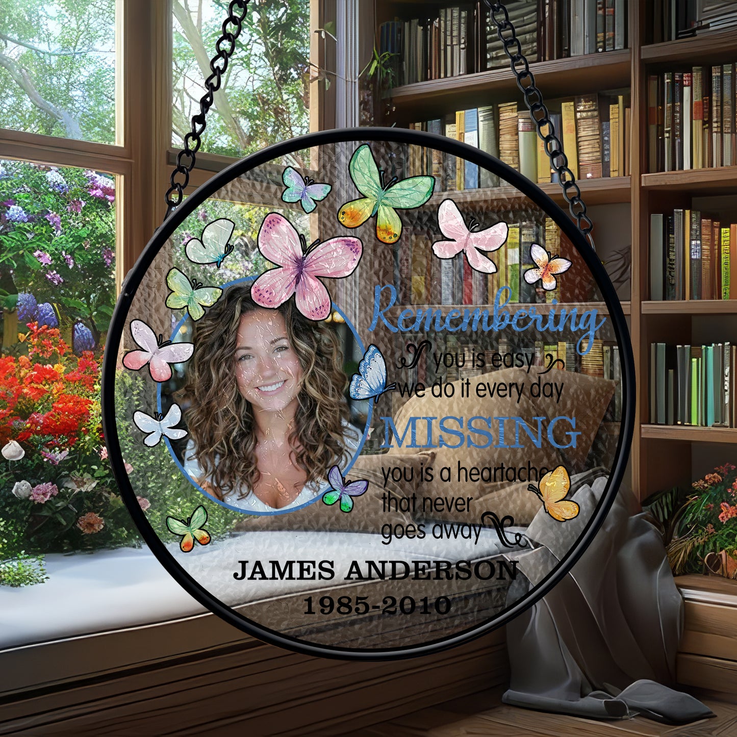 Personalized Memorial Glass Suncatcher with Photo and Butterflies – In Loving Memory Hanging Ornament for Loss of Loved One (Sun-92)