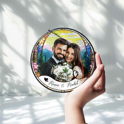 Wedding Photo Glass Suncatcher, Personalized Couple Portrait Ornament, Custom Bride and Groom Keepsake, Newlywed Gift Idea, Romantic Wedding Gift (Sun-111)