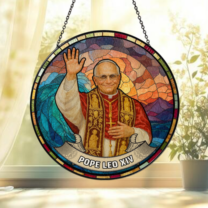 Pope Leo XIV Stained Glass Suncatcher – Catholic Window Hanging Religious Gift – Pope Art Decor for Prayer Room (Sun-102)