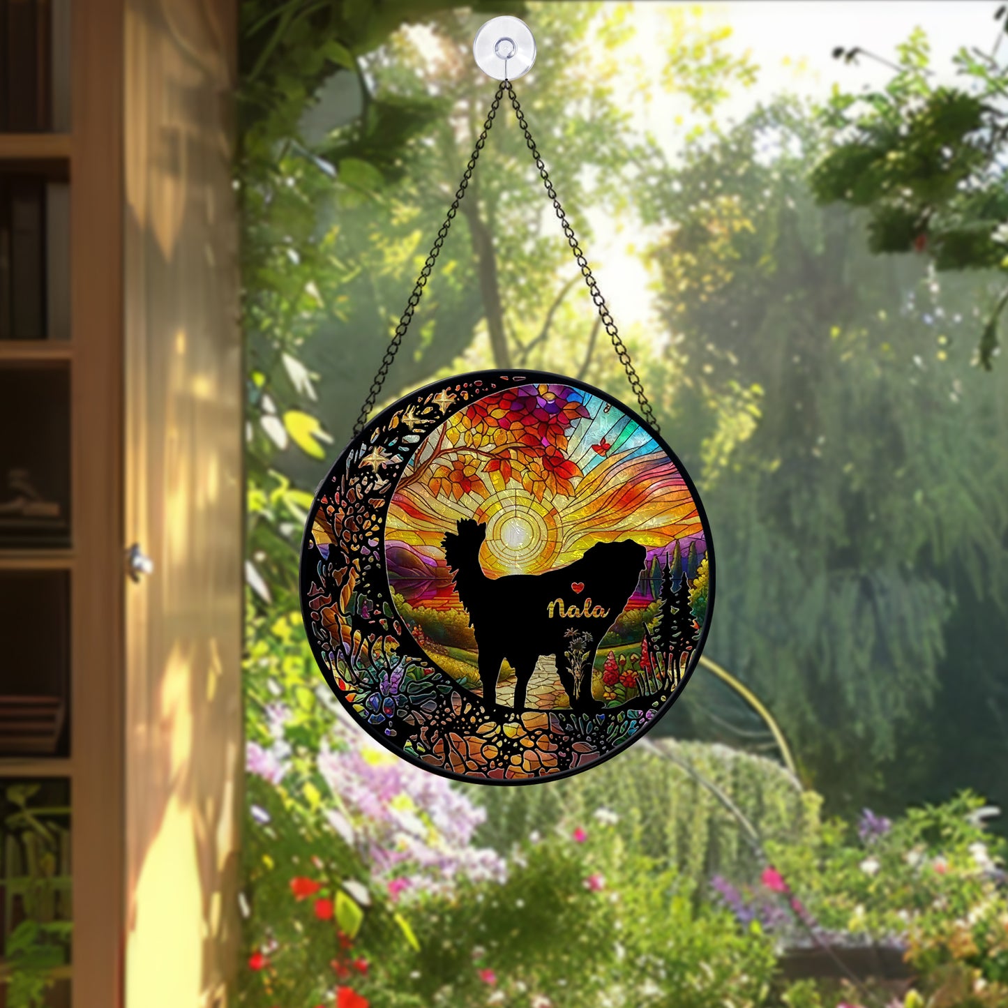Handmade Personalized Dog Glass Suncatcher – Pet Face & Name Ornament, Stained Glass Style Gift for Dog Mom or Pet Loss Keepsake (Sun-86)