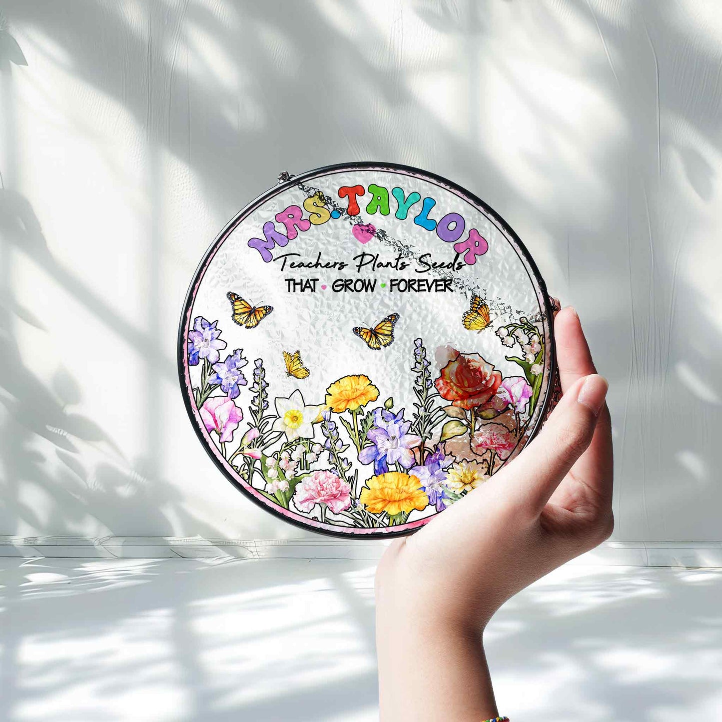 Unique Teacher Gift with Name - Garden Themed Stained Glass Suncatcher - Teacher Retirement or Thank You Gift (Sun-106)