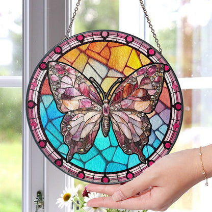 Handcrafted Glass Suncatcher with Butterfly Design – Pink & Jewel Tone Stained Glass Hanging – Window Decor for Spring or Summer (Sun-84)