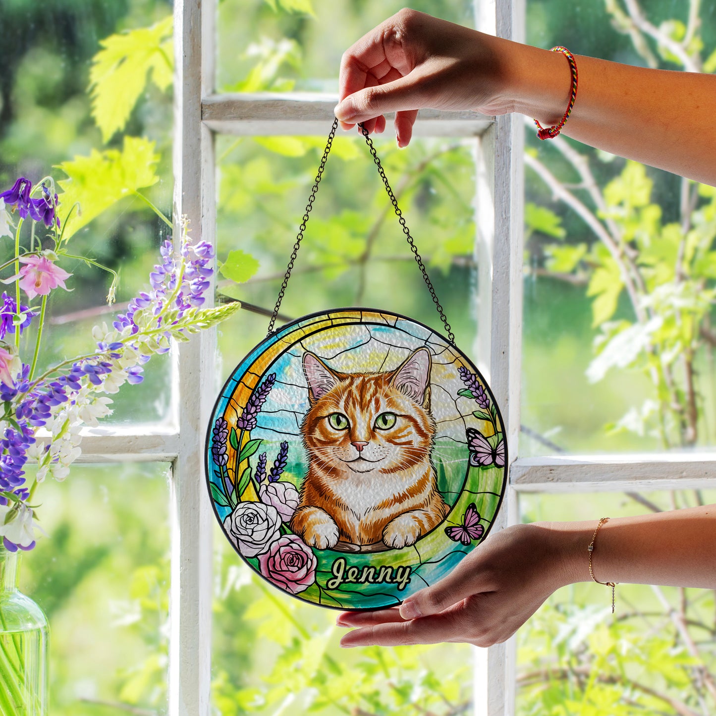 Custom Cat Portrait Glass Suncatcher – Personalized Pet Memorial or Gift for Cat Lovers – Floral Window Hanging with Pet Name (Sun-90)