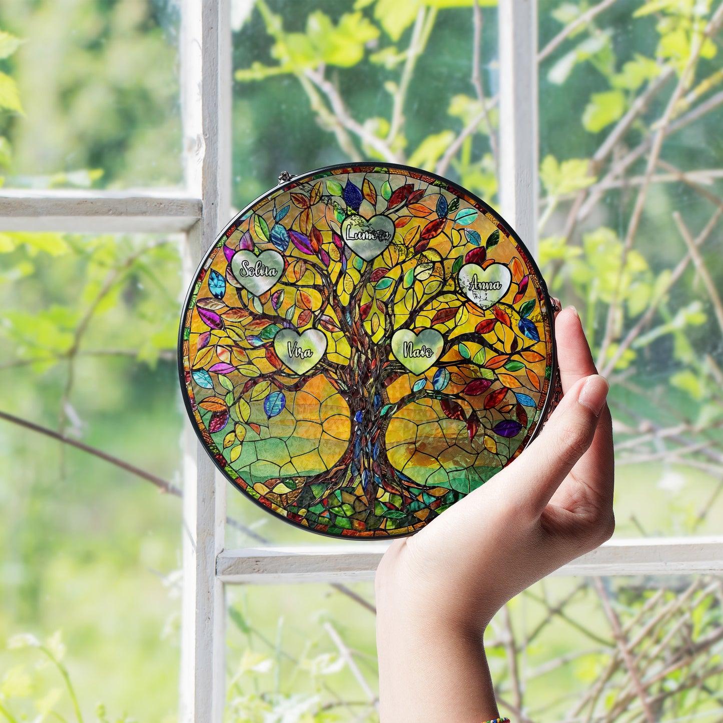 Personalized Family Tree Stained Glass Suncatcher – Custom Names Gift for Mom, Grandma or Nana – Window Hanging Home Decor (Sun-79)
