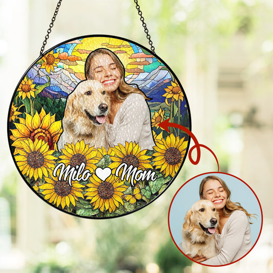 Custom Glass Suncatcher Featuring Pet and Owner – A Personalized Sunlit Tribute for Remembering a Beloved Furry Companion (Sun-68)