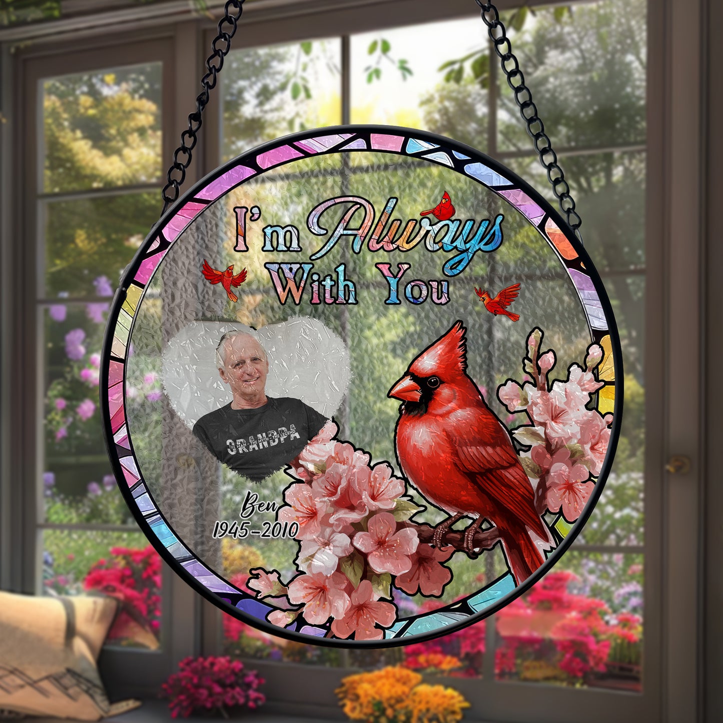 Cardinal Remembrance Glass Suncatcher – Custom Photo Memorial Hanging Sign for Loss of Loved One (Sun-96)