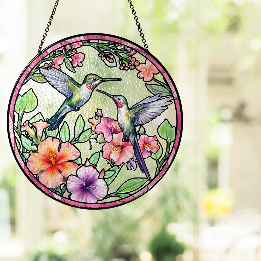 Custom Hummingbird Couple Glass Suncatcher, Elegant Window Decoration for Bird Lovers (Sun-22)