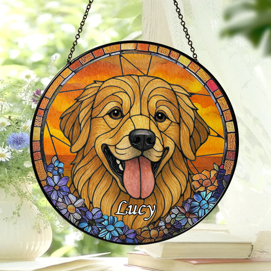 Personalized Dog Portrait Glass Suncatcher with Pet Name – Custom Stained Glass Style Window Hanging for Dog Lovers & Memorial Gift (Sun-81)