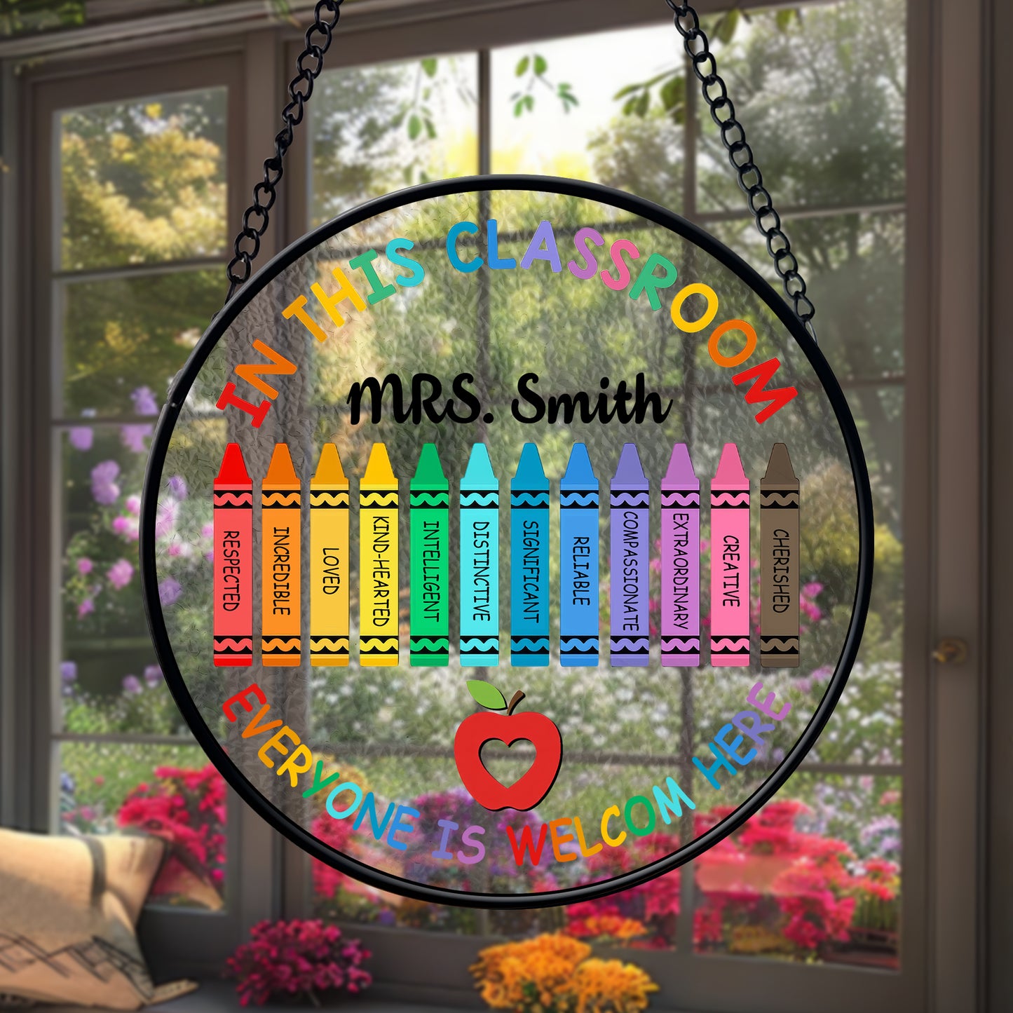Custom Classroom Glass Suncatcher – Teacher Gift with Rainbow Crayons and Welcome Quote – Back to School Window Decoration (Sun-88)