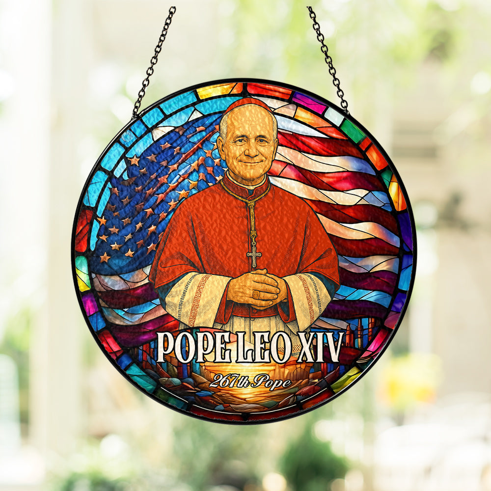 Pope Leo XIV Religious Glass Suncatcher, Christian Home Window Decor, Stained Glass Suncatcher Ornament, Handmade Glass SunCatcher (Sun-113)