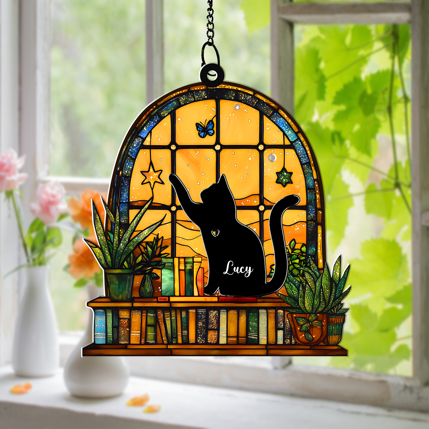 Personalized Cat Hanging Suncatcher – Custom Name Window Hanging Decor for Cat Lovers & Pet Memorial (H-Sun-20)