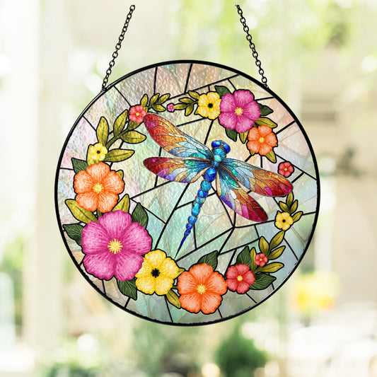 Floral Dragonfly Glass Suncatcher – Multicolor Stained Glass Art for Home Window Decor (Sun-63)