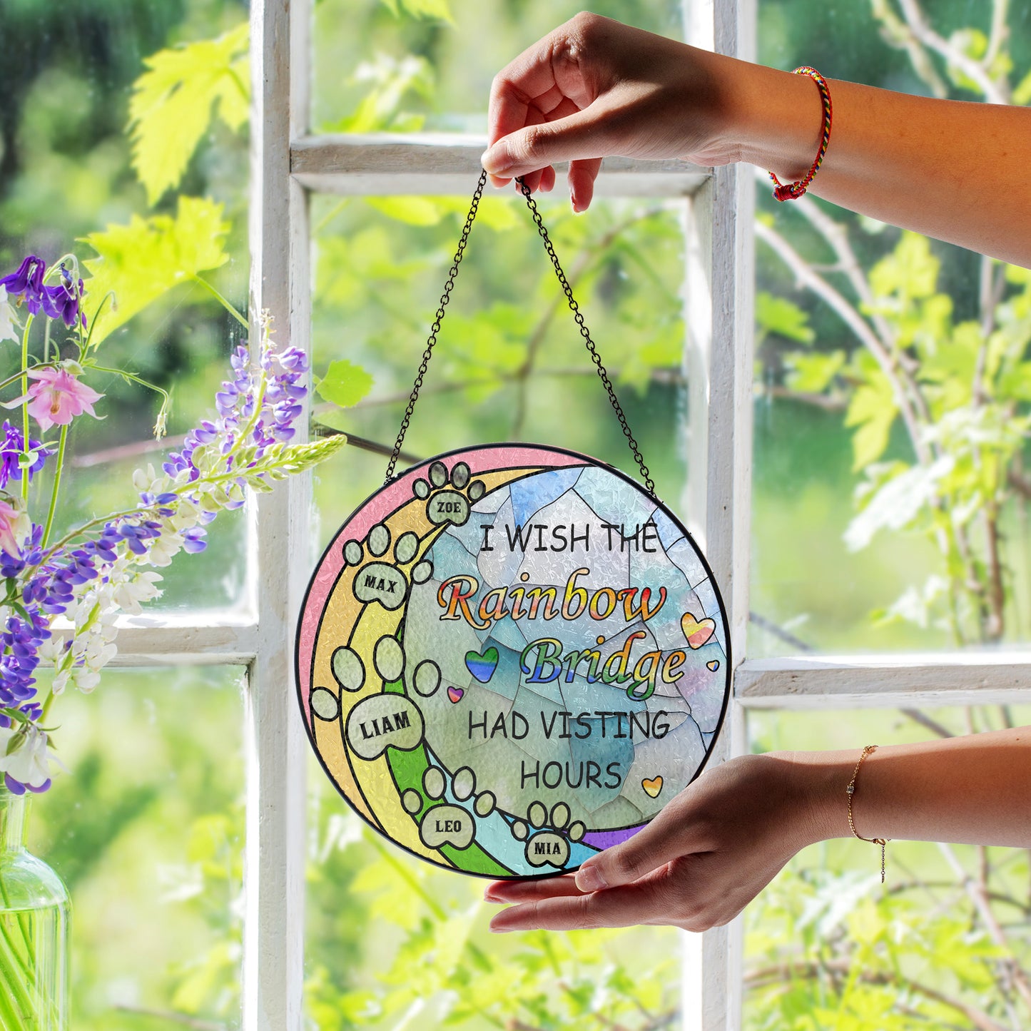 Personalized Glass Suncatcher for Pet Remembrance – Rainbow Bridge Window Hanging with Name and Optional Message – Beautiful Pet Tribute Gift (Sun-87)