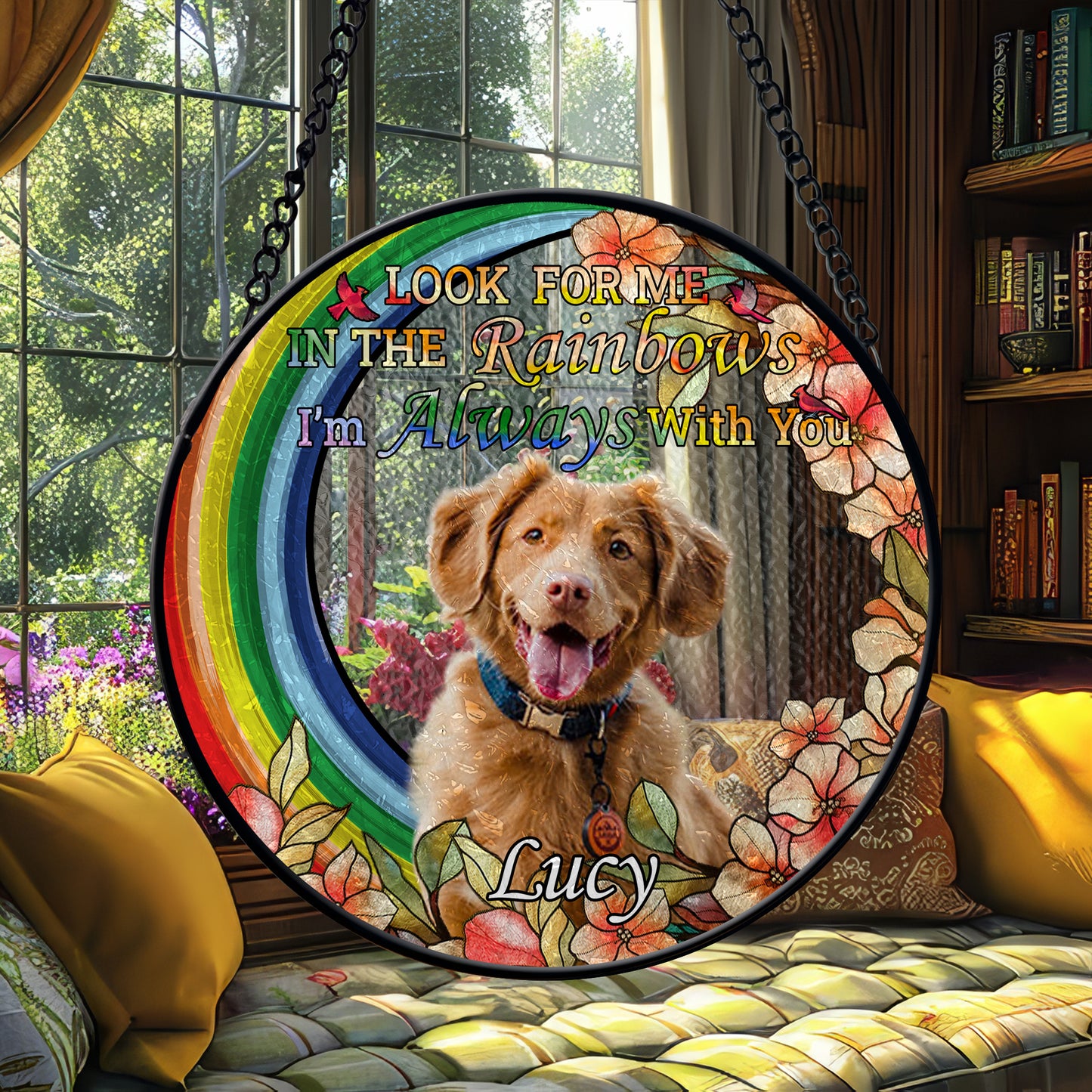 Personalized Rainbow Bridge Pet Memorial Glass Suncatcher – Custom Photo Keepsake for Loss of Dog or Cat (Sun-93)