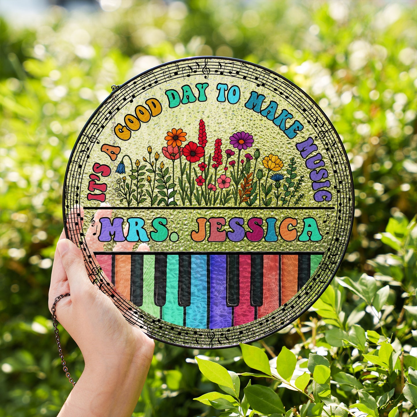 Personalized Music Teacher Glass Suncatcher – Custom Name Piano Design with Flowers – Gift for Music Instructor or Choir Teacher (Sun-83)