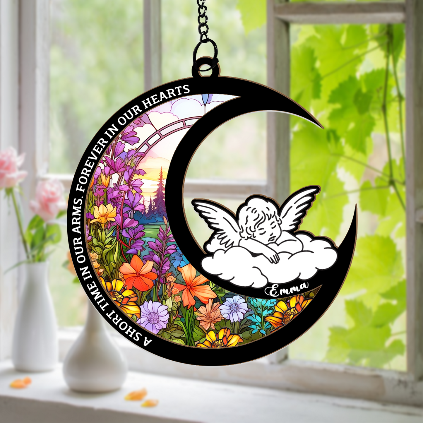 Personalized Baby Memorial Moon Ornament with Angel – Custom Keepsake for Infant Loss, Miscarriage, or Child Remembrance Gift (Sun-124)