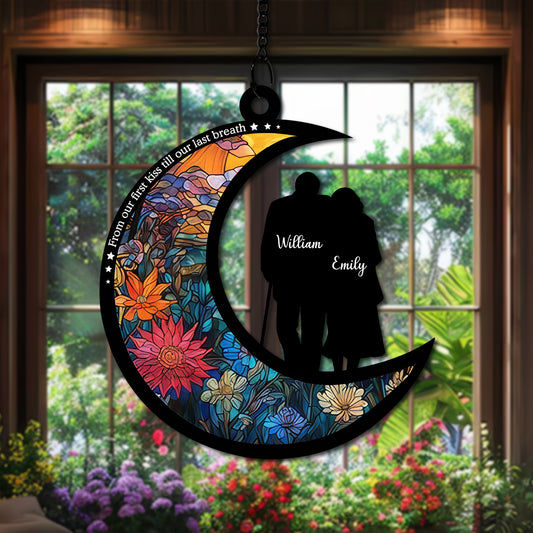 Personalized Couple Moon Suncatcher, Stained Glass Style Window Hanging, Custom Names Anniversary Gift, Romantic Crescent Moon Decor, Wedding Gift for Wife Husband (H-Sun-27)