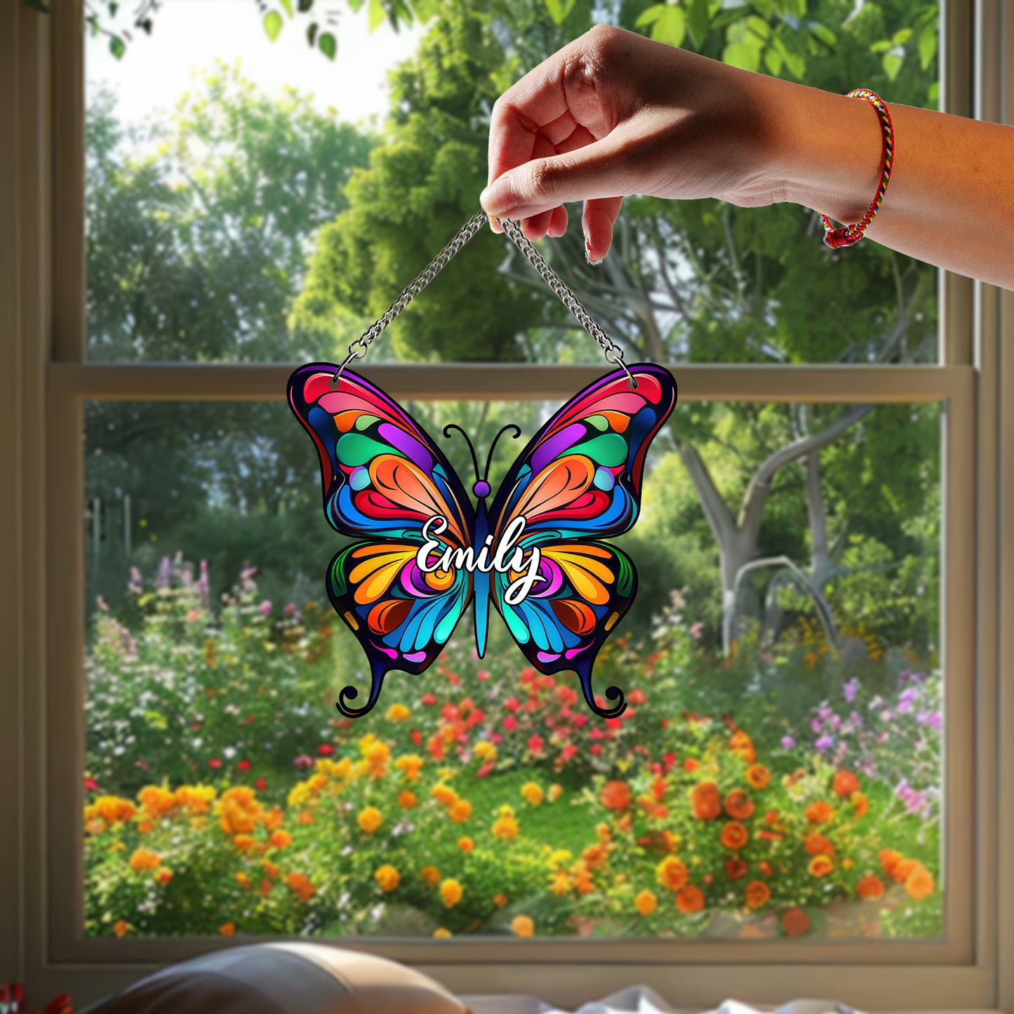 Personalized Butterfly Glass Suncatcher – Custom Name Window Hanging – Stained Glass Style Memorial or Gift for Her (Sun-91)