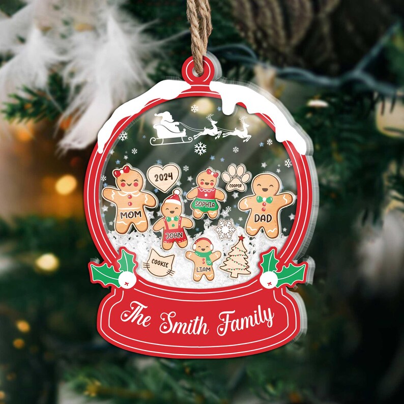 Gingerbread Family Ornament Christmas Gift 2024, Personalized Family Shaker Ornament With Pets, Gift For Family, Custom Christmas Ornament
