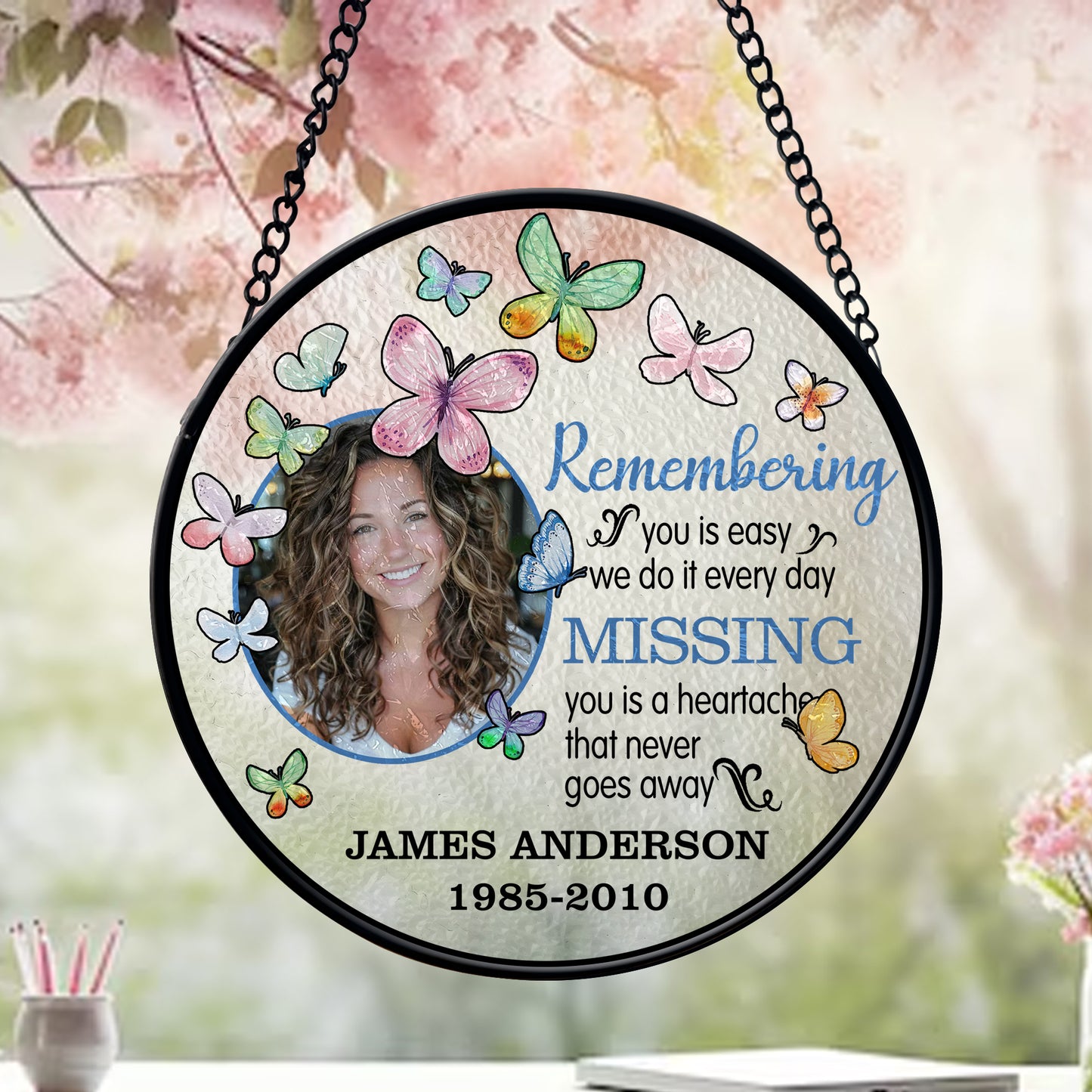 Personalized Memorial Glass Suncatcher with Photo and Butterflies – In Loving Memory Hanging Ornament for Loss of Loved One (Sun-92)