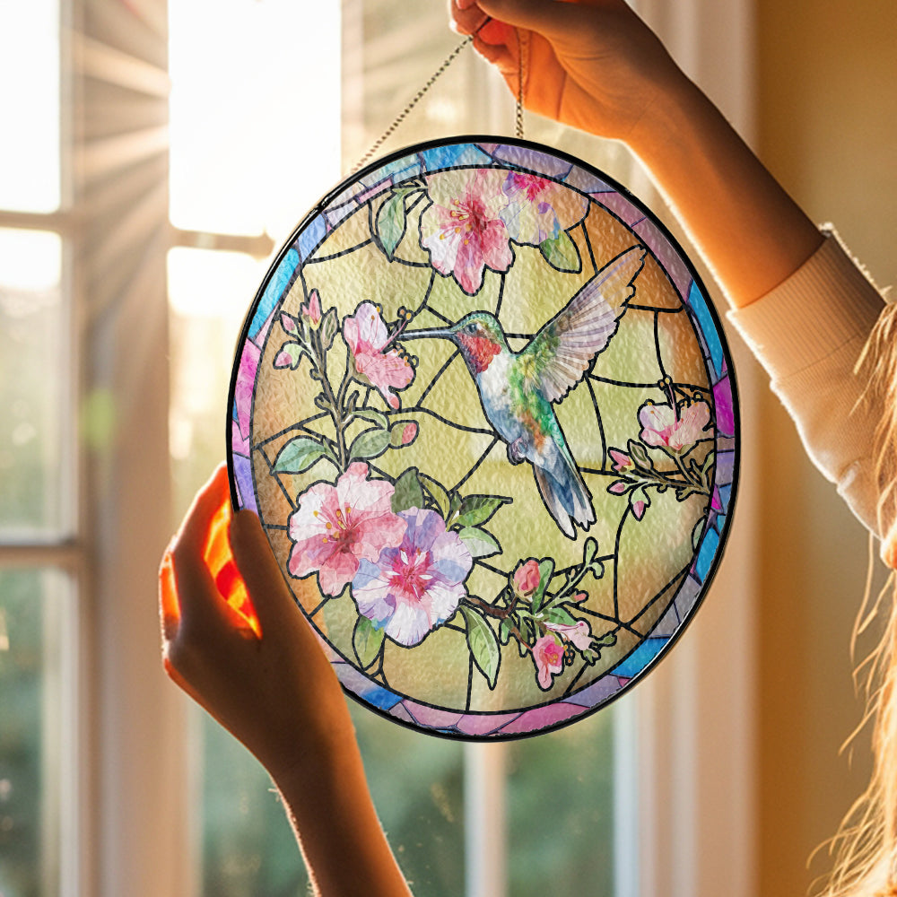 Custom Floral and Hummingbird Stained Glass Suncatcher for Window (Sun-14)