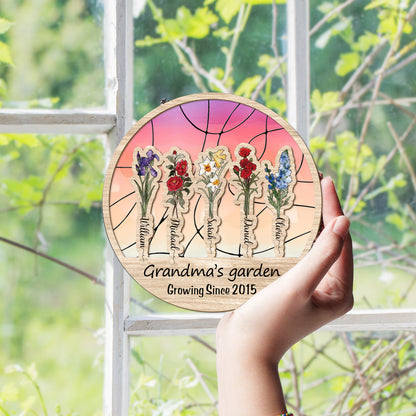 Personalized Grandma’s Garden Hanging Suncatcher, Custom Birth Flower & Name Sign, Gift for Nana (Sun-80)