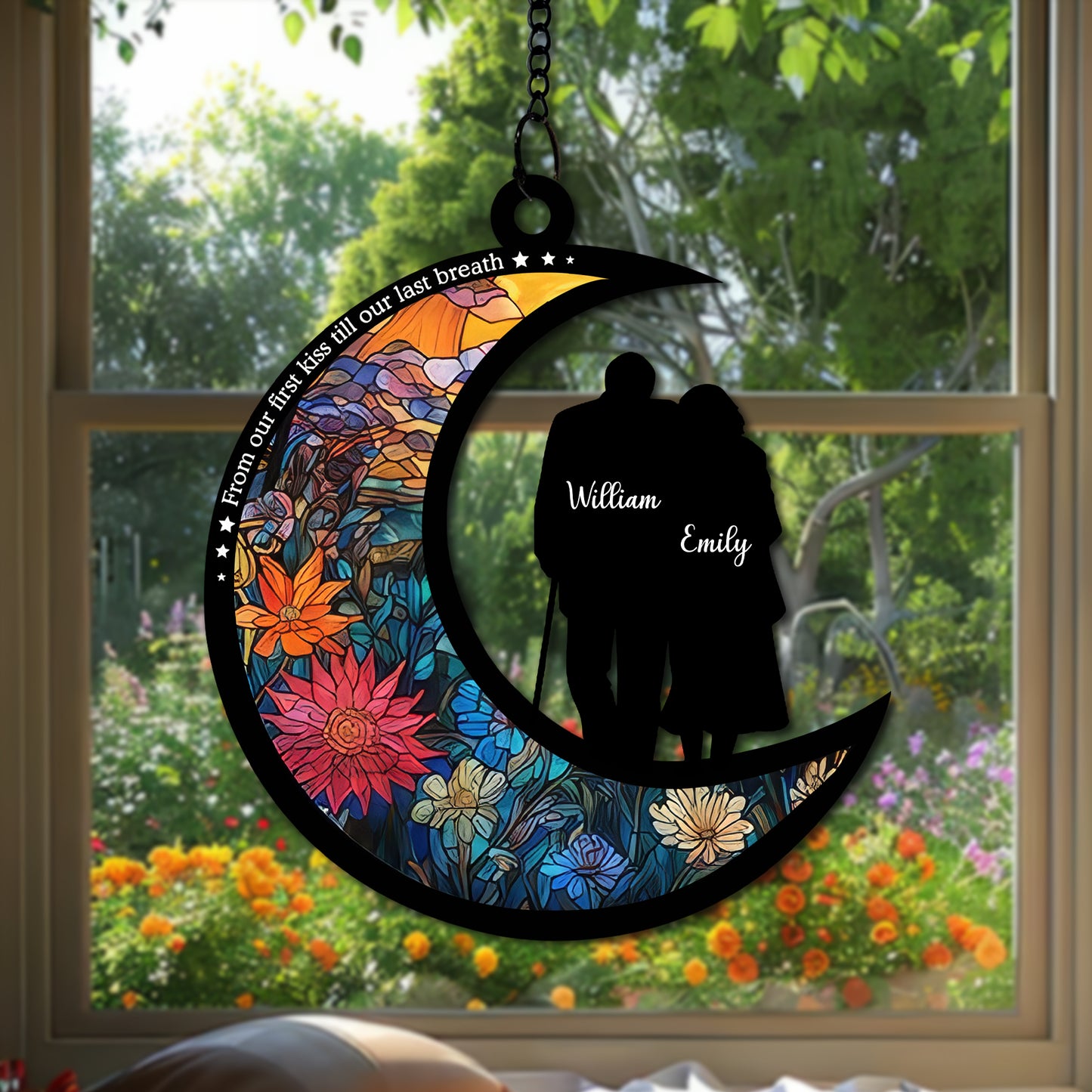Personalized Couple Moon Suncatcher, Stained Glass Style Window Hanging, Custom Names Anniversary Gift, Romantic Crescent Moon Decor, Wedding Gift for Wife Husband (H-Sun-27)
