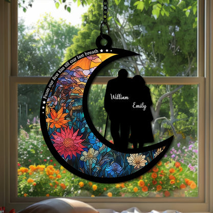 Personalized Couple Moon Suncatcher, Stained Glass Style Window Hanging, Custom Names Anniversary Gift, Romantic Crescent Moon Decor, Wedding Gift for Wife Husband (H-Sun-27)